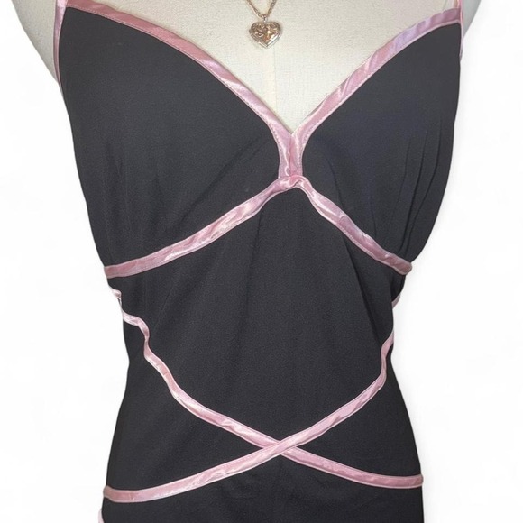 Vintage Y2K black slip dress pink trim balletcore coquette Blondie Nites - Picture 3 of 5